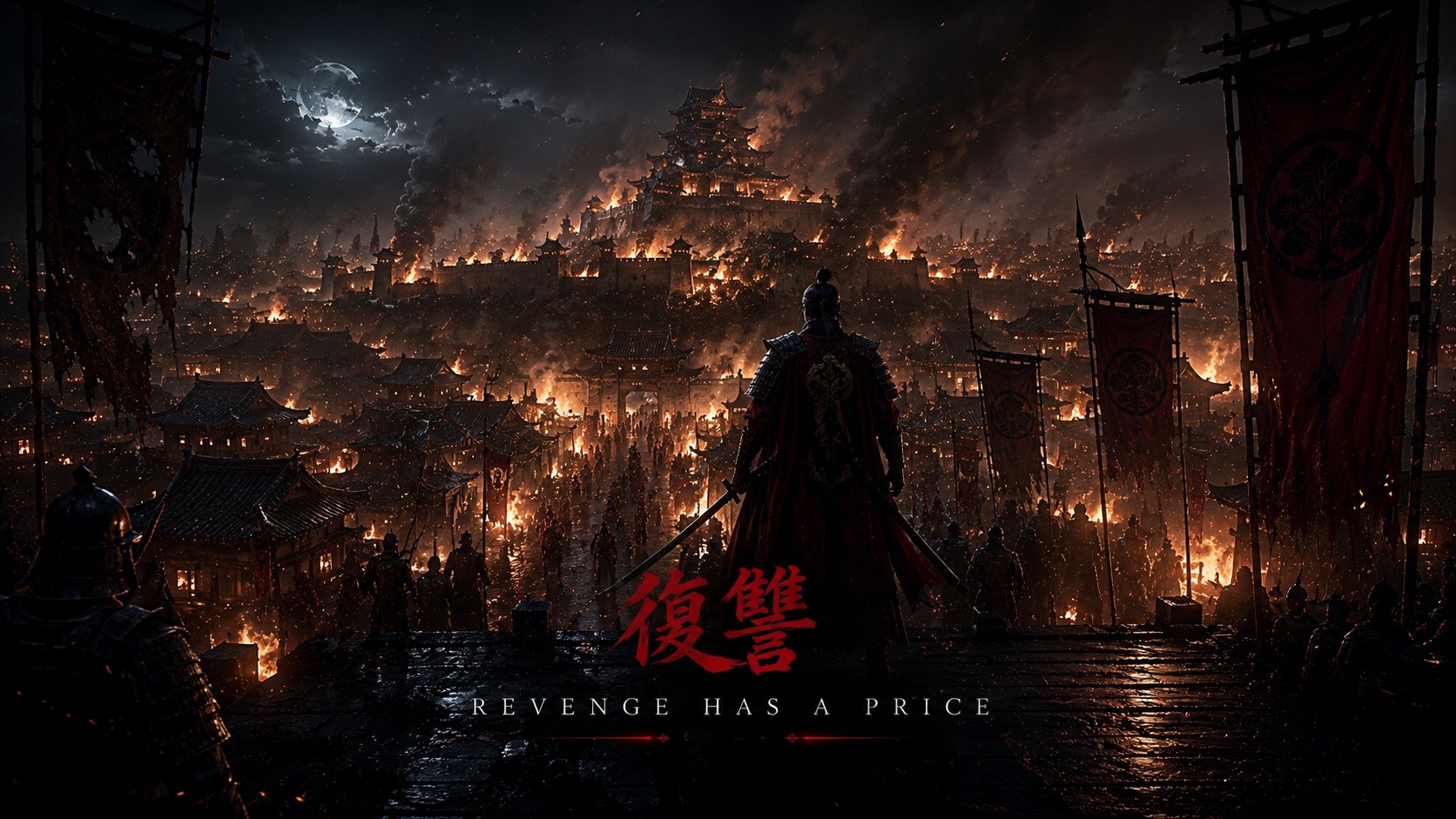 Kage Ren standing before a burning village under a storm-lit sky