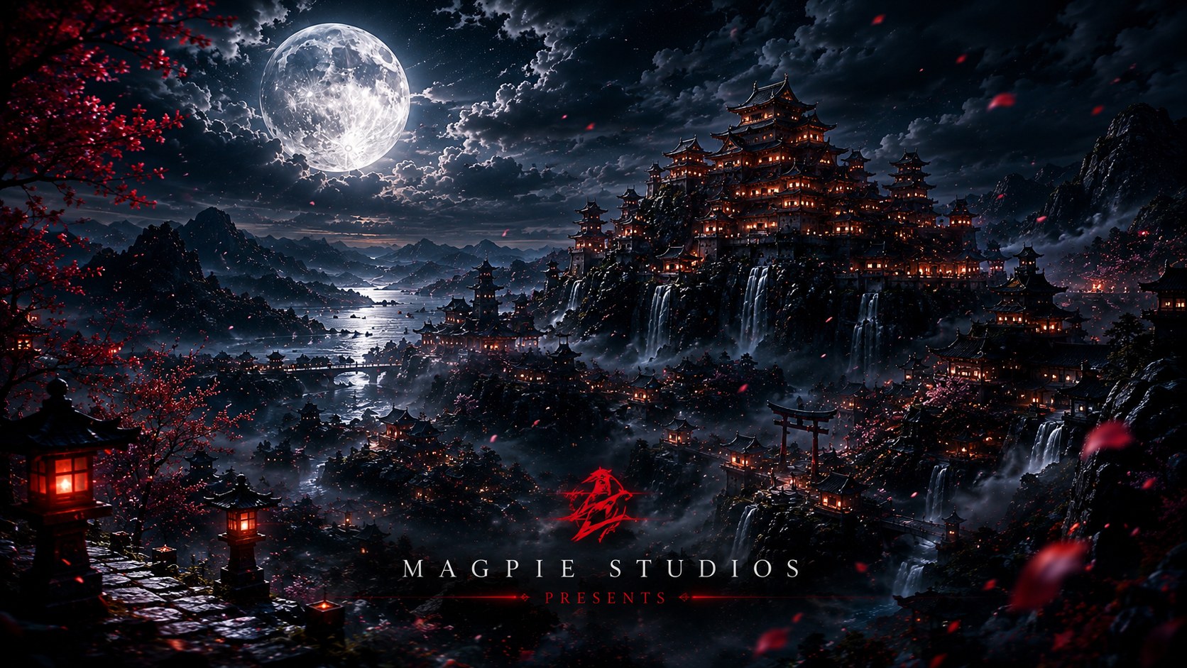 Moonlit castle vista with lantern-lit water, red blossoms, and mountain silhouettes