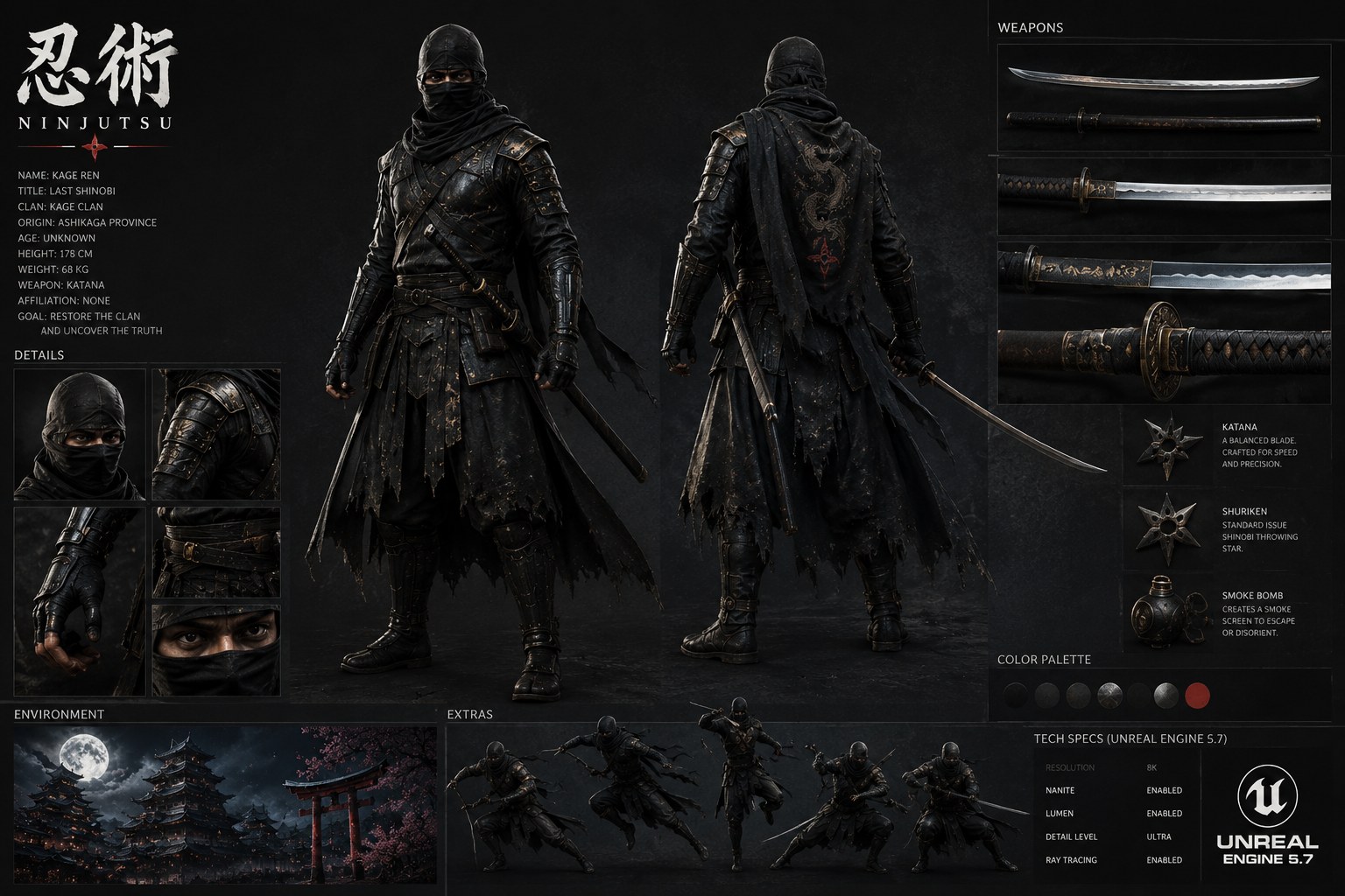 Annotated character and weapon concept board for Kage Ren