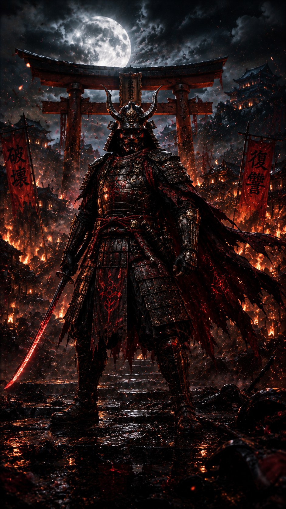 Full body concept of Kage Ren standing in a burning shrine courtyard