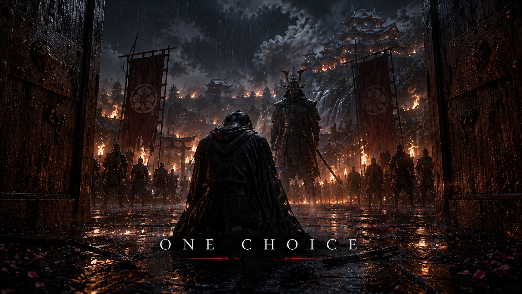 Kage Ren kneeling before shadowy opponents in a torchlit village gate