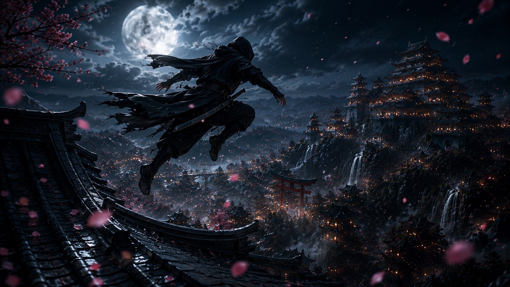 Kage Ren leaping across a moonlit rooftop toward a distant castle