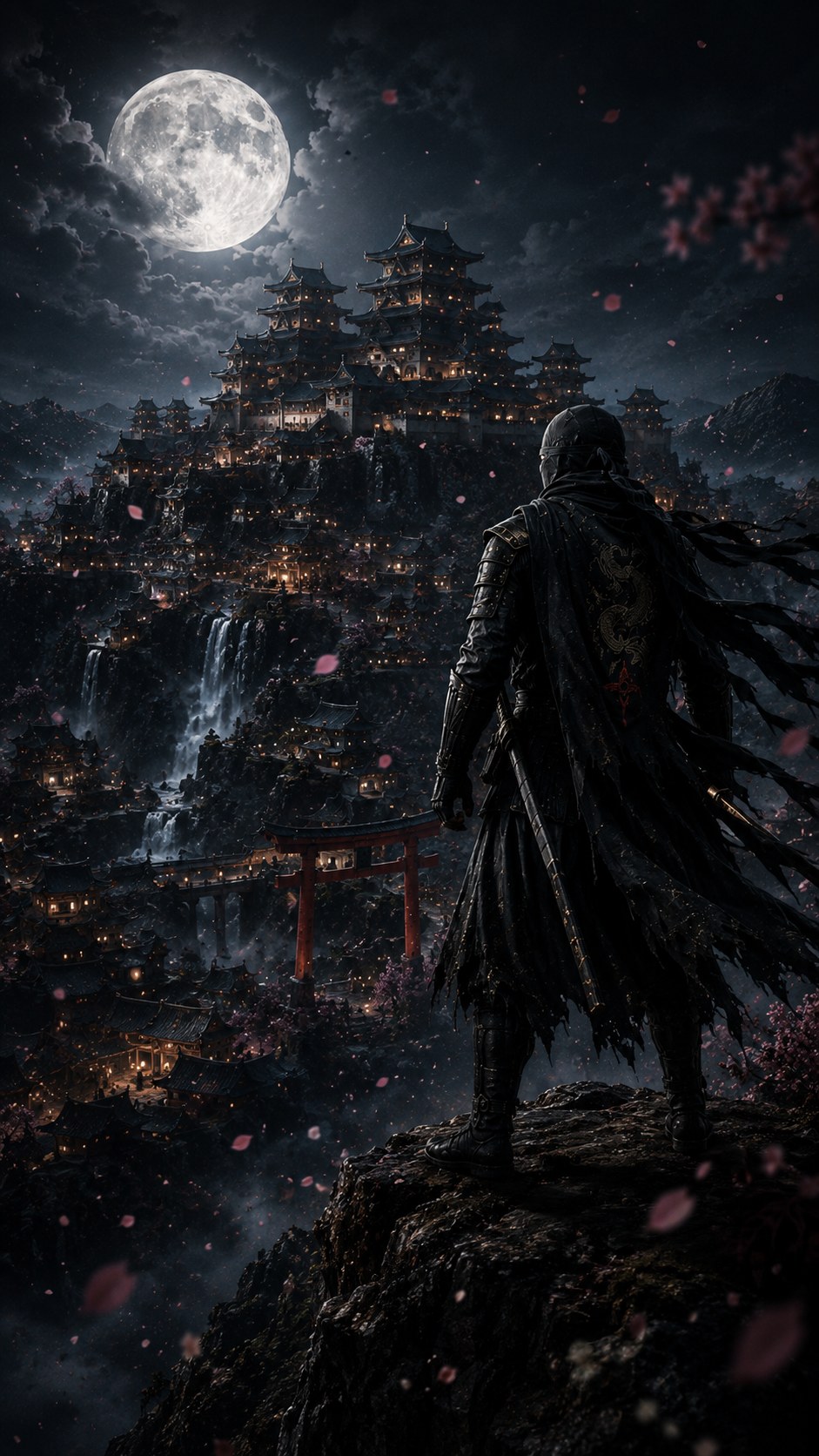 Kage Ren overlooking a moonlit shrine city from a cliff