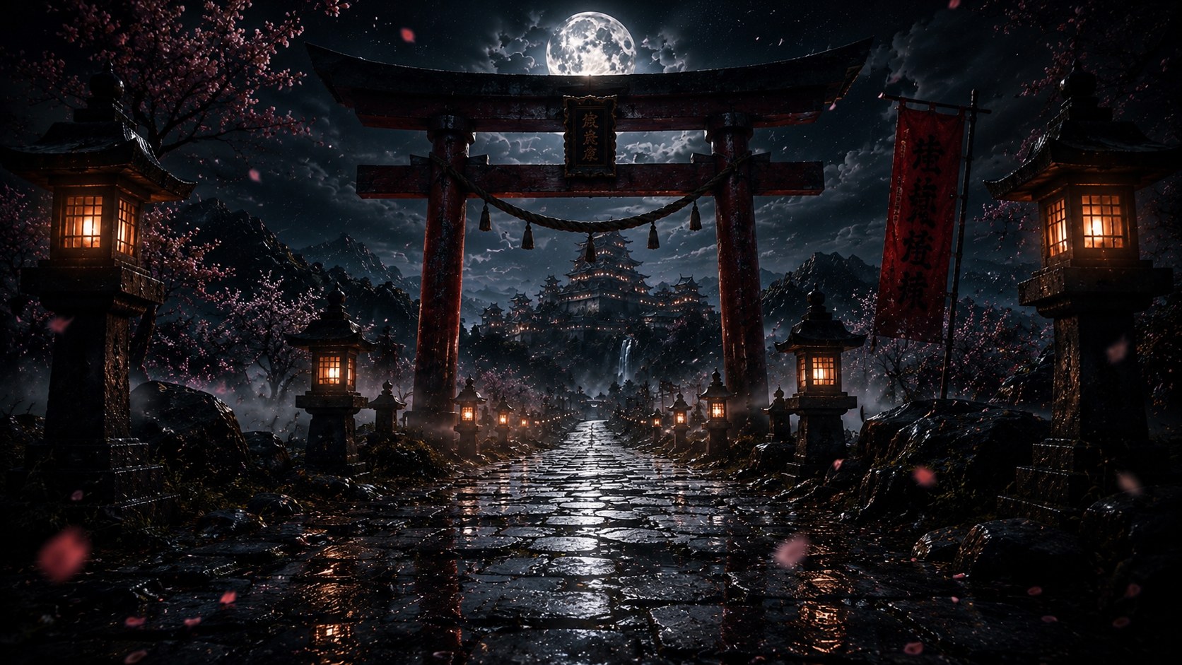 Rain-dark shrine path under a torii gate with lanterns and falling petals