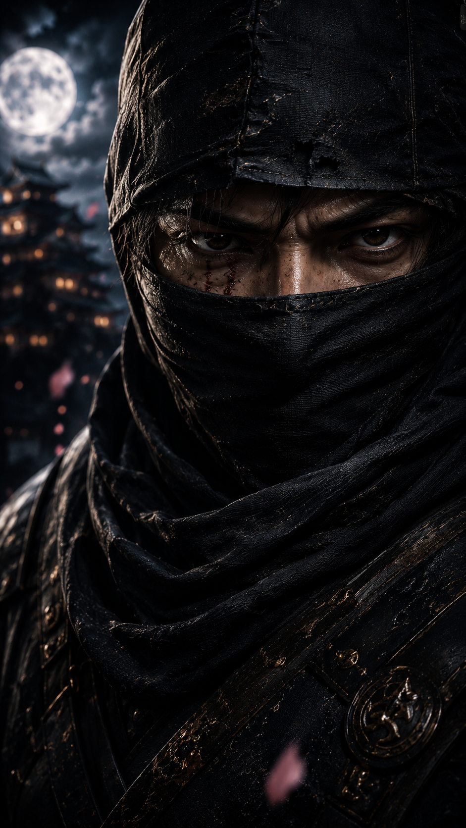 Close concept image of Kage Ren's eyes under a worn black hood and mask