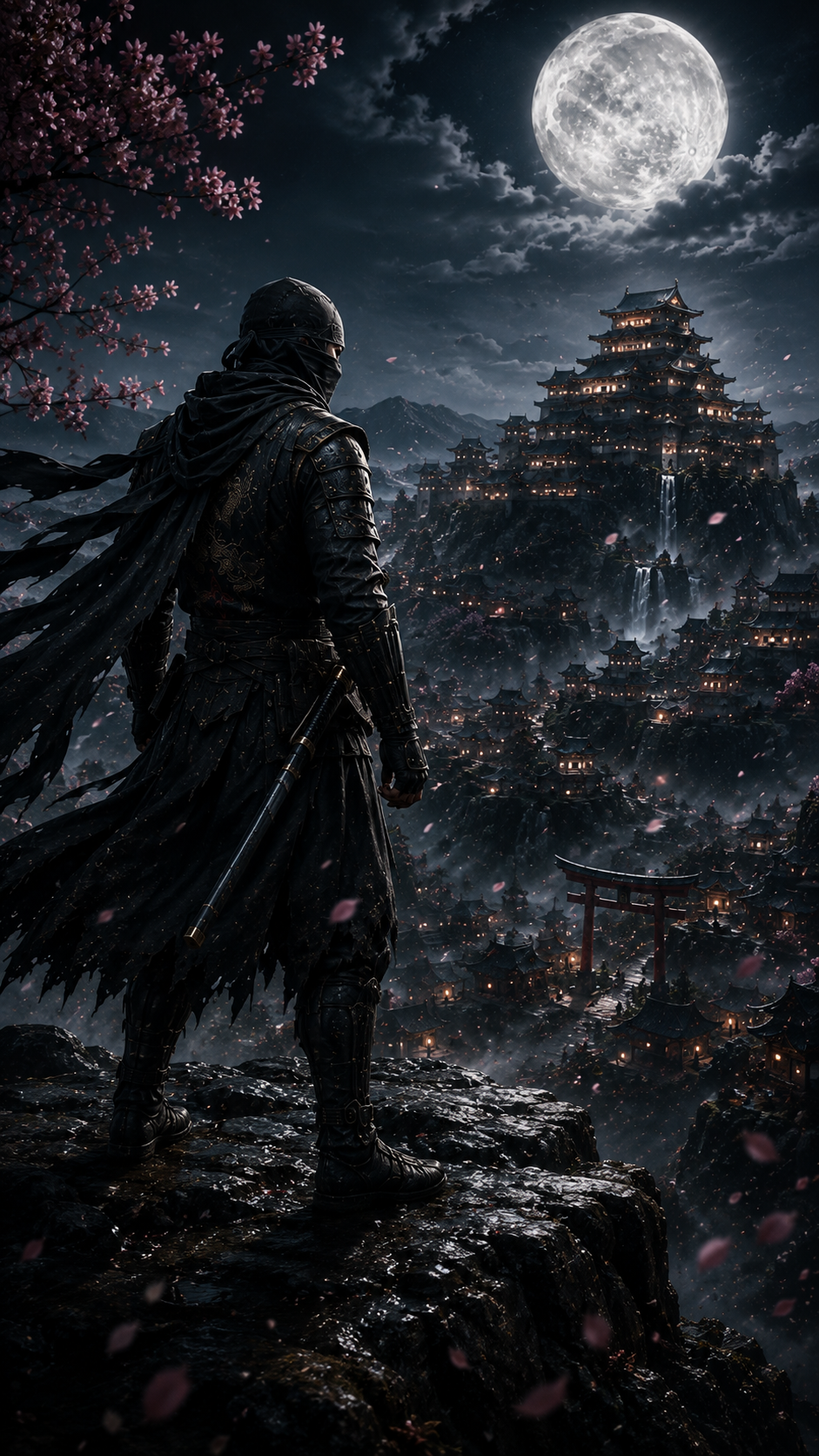 Kage Ren overlooking a moonlit castle and shrine village