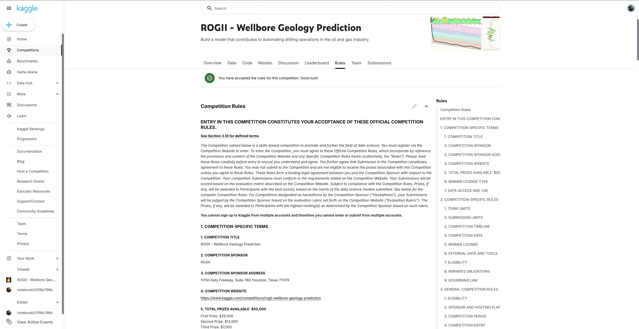 ROGII Wellbore Geology Prediction — official Kaggle competition page header showing the task description and a subsurface geology visualization