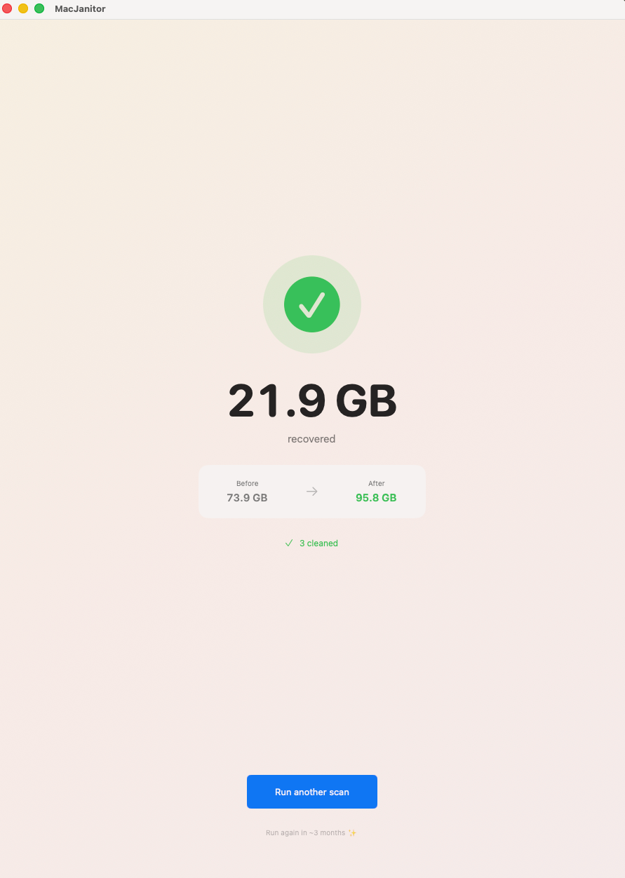 MacJanitor recovery report showing 21.9 GB recovered