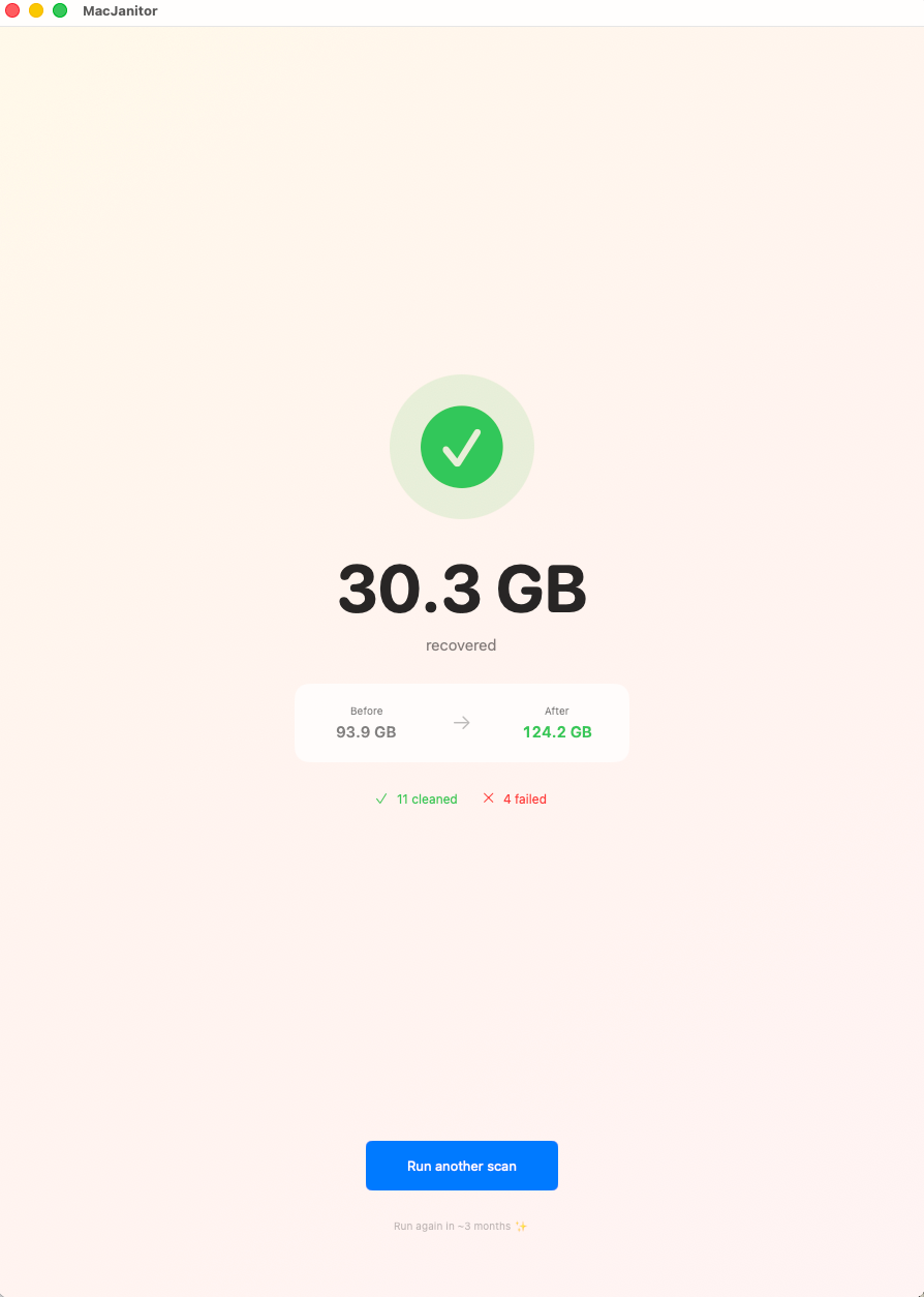 MacJanitor recovery report showing 30.3 GB recovered, 124.2 GB free