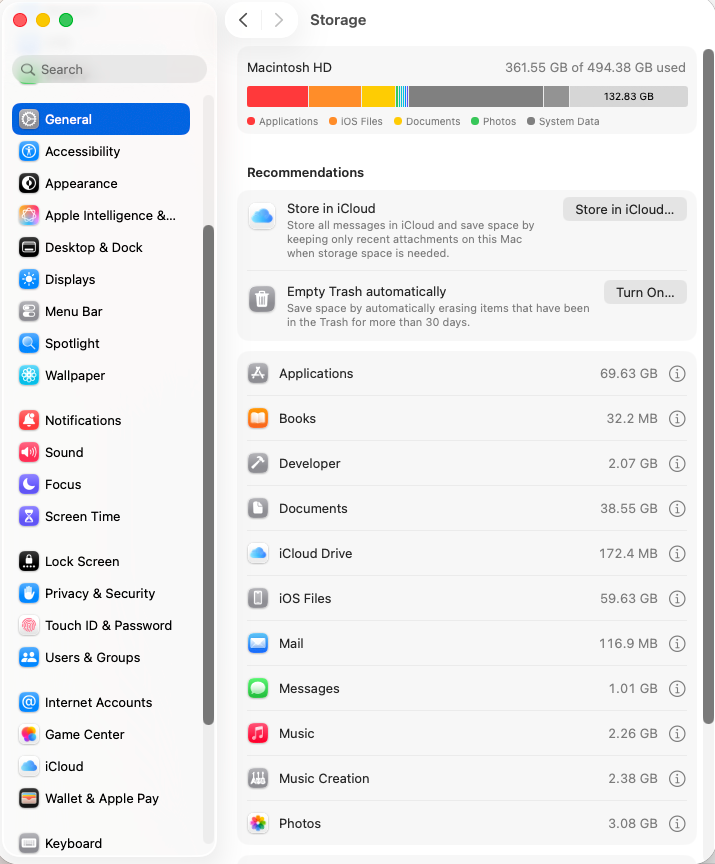 macOS Settings Storage showing 132.83 GB free after MacJanitor cleanup