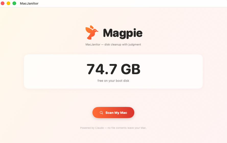 MacJanitor home screen showing 74.7 GB free with Scan My Mac button